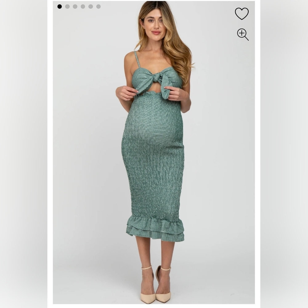 Pinkblush Green Gingham Print Smocked Fitted Self-Tie Maternity Midi Dress Small